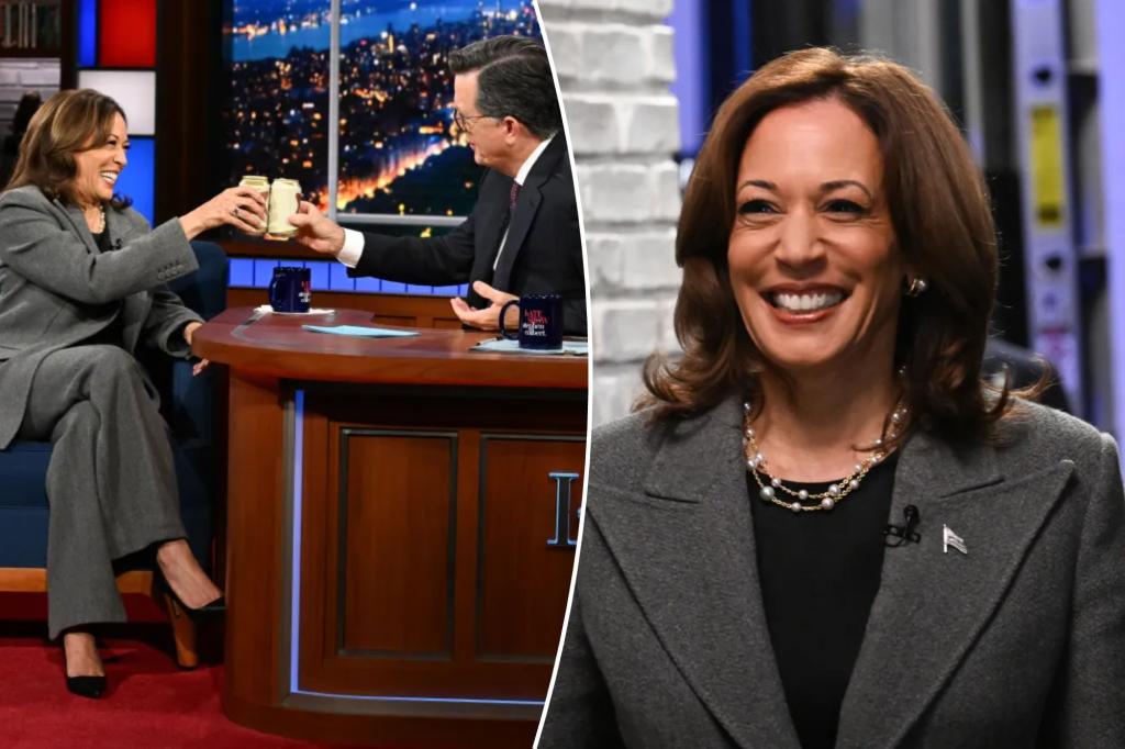 Kamala Harris takes a sip of Miller High Life with Stephen Colbert during ‘Late Show’ appearance: ‘The vibe election’