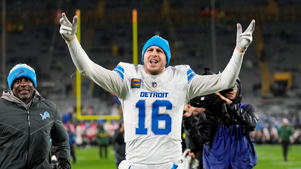 Jared Goff celebrates win