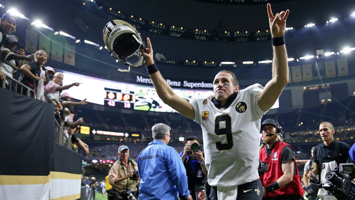 Saints quarterback Drew Brees runs off the field after a game against Washington, Oct. 8, 2018, in New Orleans.