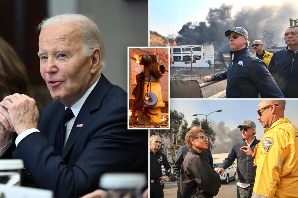 Biden tells speakers to ‘fire away!’ during LA wildfire briefing, while claiming power supply caused hydrants to run dry: ‘No pun intended