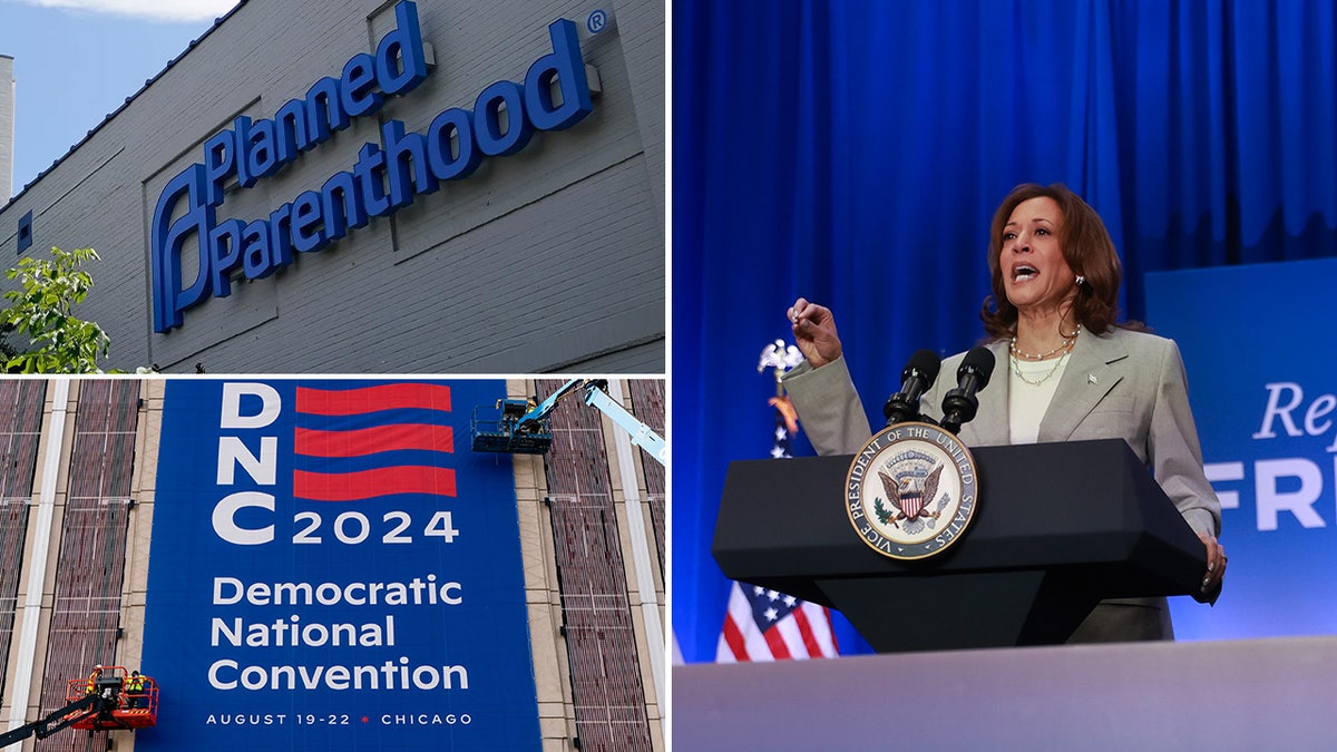 photo montage, planned parenthood, Kamala Harris, and DNC 2024 sign