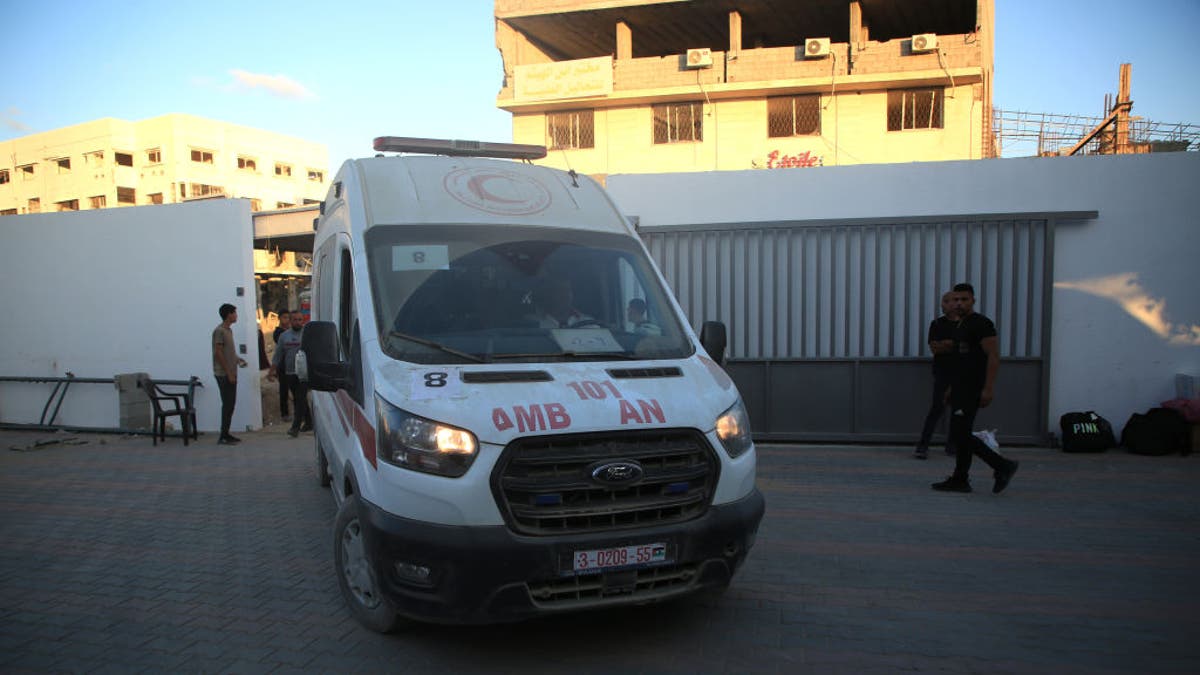 Ambulances carrying patients from Kamal Adwan Hospital in Beit Lahya, northern Gaza Strip since services stopped within 24 hours due to lack of fuel, arrive at Shifa Hospital, accompanied by UN teams, in Gaza City, Gaza, on Oct. 12, 2024.