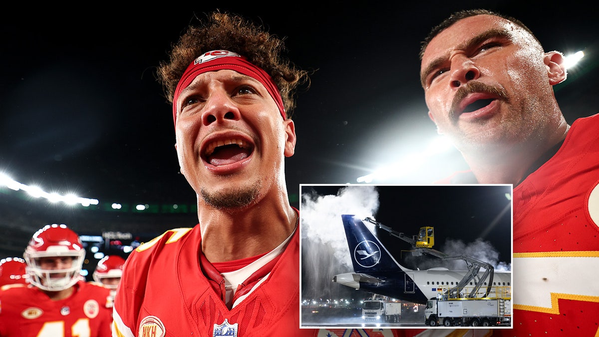 Patrick Mahomes and Travis Kelce yell, with a plane