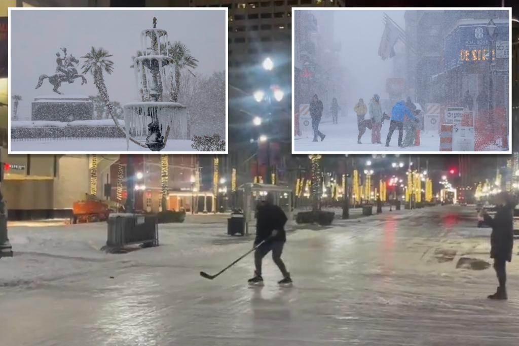 Southerners play ice hockey on New Orleans streets after historic winter storm