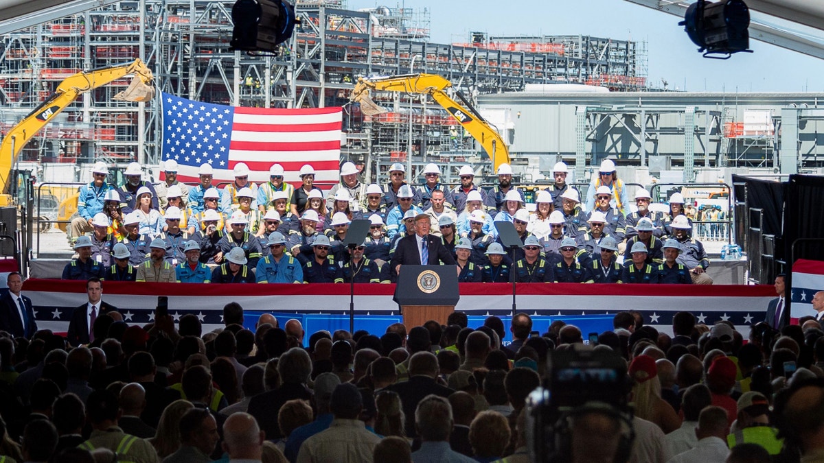 President Donald Trump speaking at Cameron LNG Export Terminal in Hackberry, Louisiana, in 2019. (Scott Clause/USA Today) 