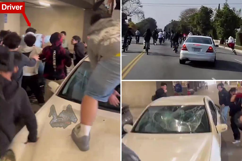 Wild videos show enraged driver nearly crashing into teen cyclists — who then go on the attack in LA