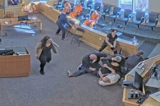 Video captures courtroom brawl as two men attack murder suspect during hearing