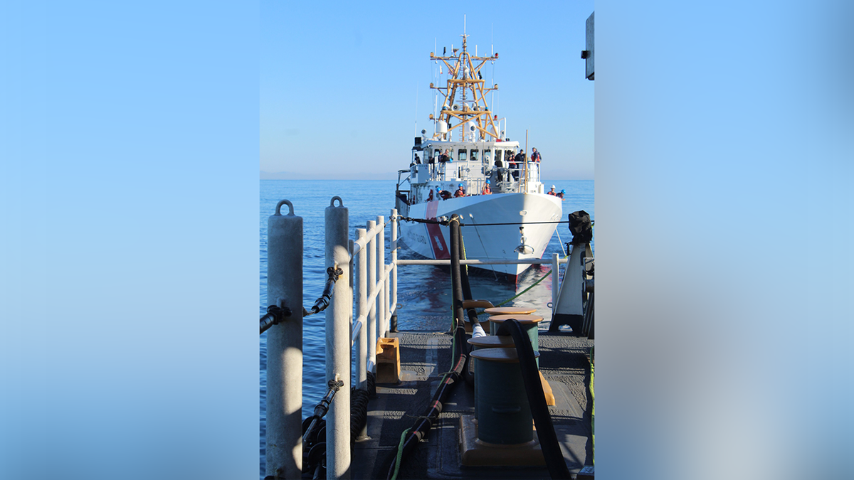 U.S. Coast Guard Cutter Waesche (WMSL-751) and U.S. Coast Guard Cutter Forrest Rednour (WPC-1129) conduct a towing and Astern Fueling At Sea (AFAS) evolution on December 7, 2024.