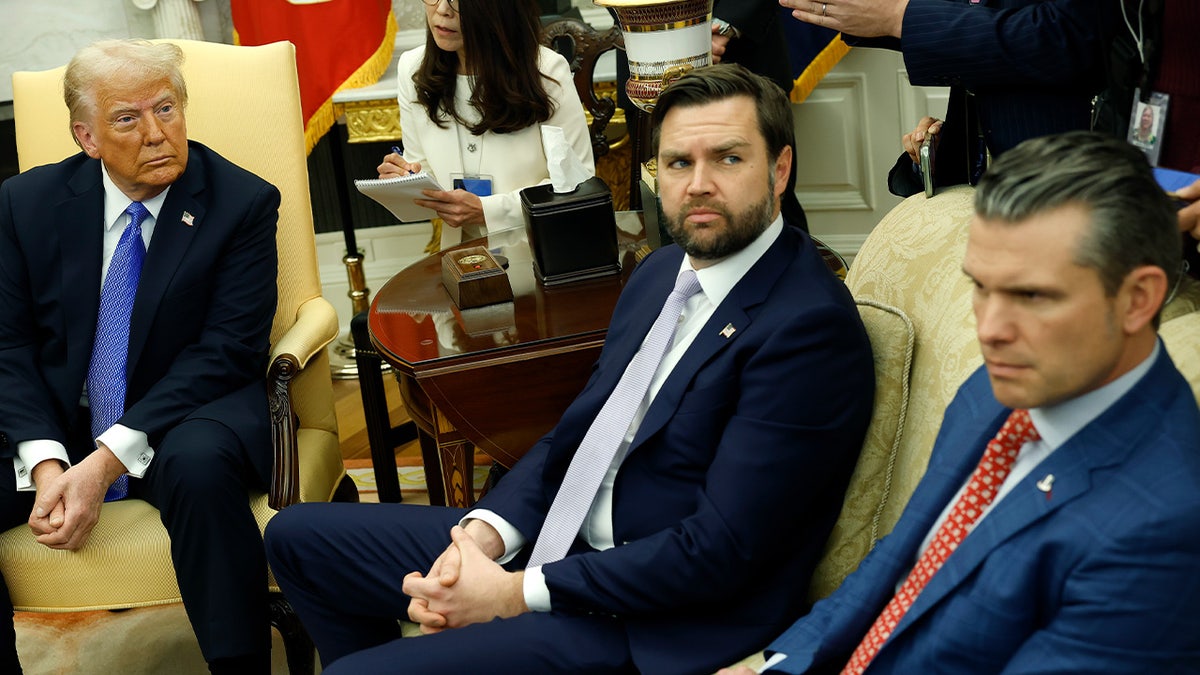 From left to right, President Donald Trump, Vice President JD Vance and Secretary of Defense Pete Hegseth participate in a meeting with Japanese Prime Minister Shigeru Ishiba in the Oval Office of the White House on Feb 7, 2025 in Washington, D.C.