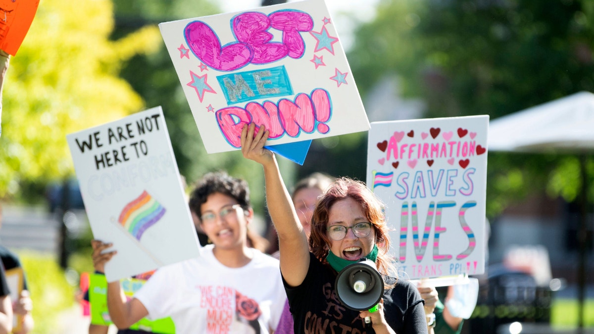 student leading trans protest