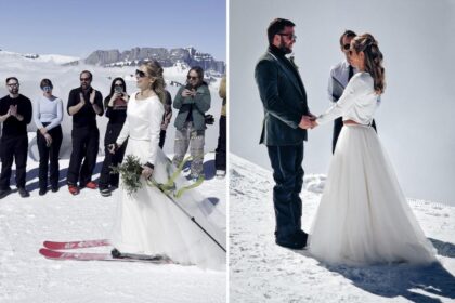 Bride skis down the aisle in her wedding dress during magical mountain ceremony