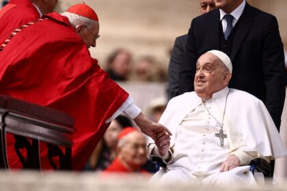 Pope Francis makes appearance after Palm Sunday mass at the Vatican