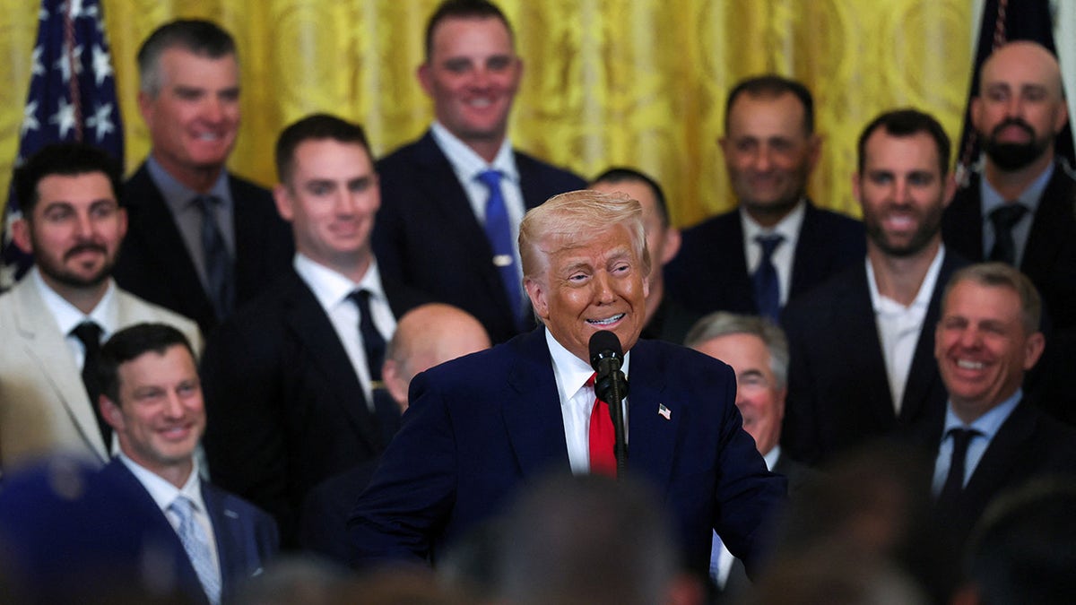 President Donald Trump speaks during a ceremony honoring the members of the 2024 World Series Champion Los Angeles Dodgers in the East Room at the White House.