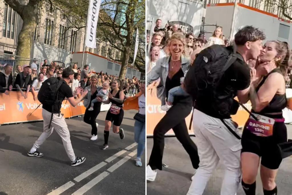 Boyfriend accused of stealing girlfriend’s moment for standing before marathon finish line for kiss