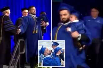 University of Buffalo graduate chased on stage by police while holding infant son during ceremony in chaotic scene