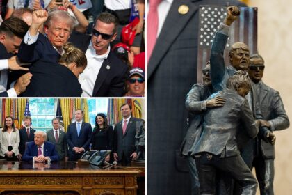 Sculpture depicting iconic Trump assassination attempt photo displayed in Oval Office