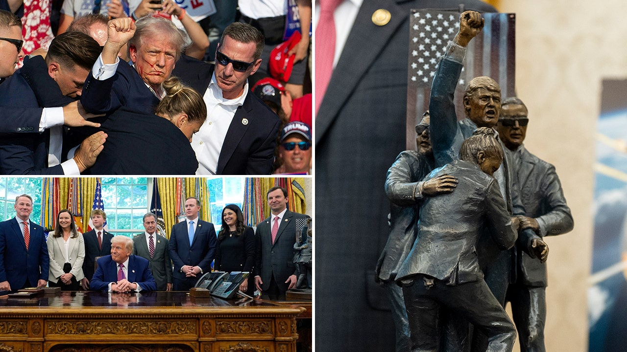 Sculpture depicting iconic Trump assassination attempt photo displayed in Oval Office