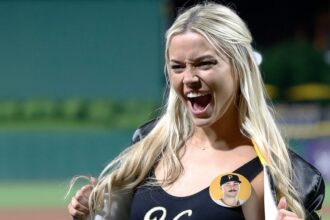 Livvy Dunne cheers on fellow Sports Illustrated models’ first pitch before boyfriend Paul Skenes pitches