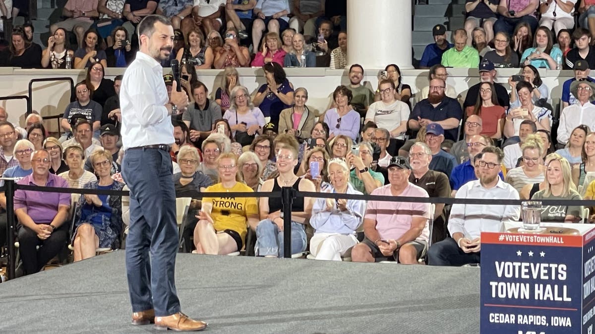 Former U.S. Transportation Secretary Pete Buttigieg headlines a veterans town hall in Cedar Rapids, Iowa on May 13, 2025. Buttigieg's appearance sparked speculation he may make another presidential run in 2028.