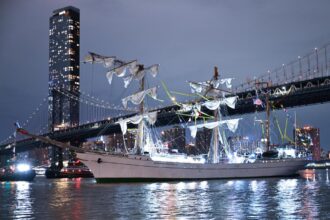 Dramatic video shows oblivious onlooker posing as Mexican ship crashes into Brooklyn Bridge