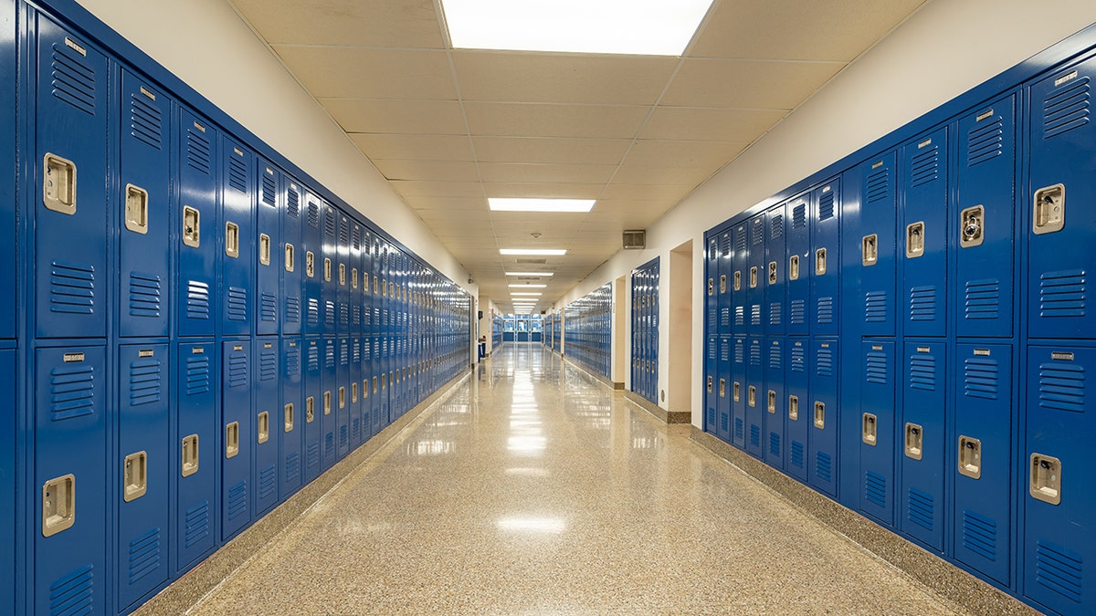 Typical, nondescript USA empty school hallway with royal blue metal lockers along both sides of the hallway.