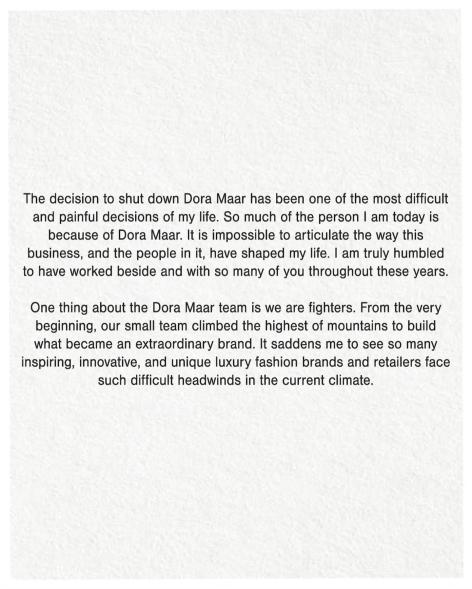 "After five years we’re sad to announce that Dora Maar is closing. Thank you to everyone for your unwavering love and support. We are so proud of what we’ve built together. It’s been the journey of a lifetime. Love, Lauren and the DoMa team."
