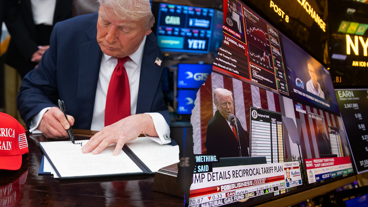 Photos of President Donald Trump signing an executive order at the Oval Office of the White House, next to photos of the New York Stock Exchange (NYSE) as investors and markets reacted earlier this month to the news of Trump's reciprocal tariffs. Photos via Getty Images