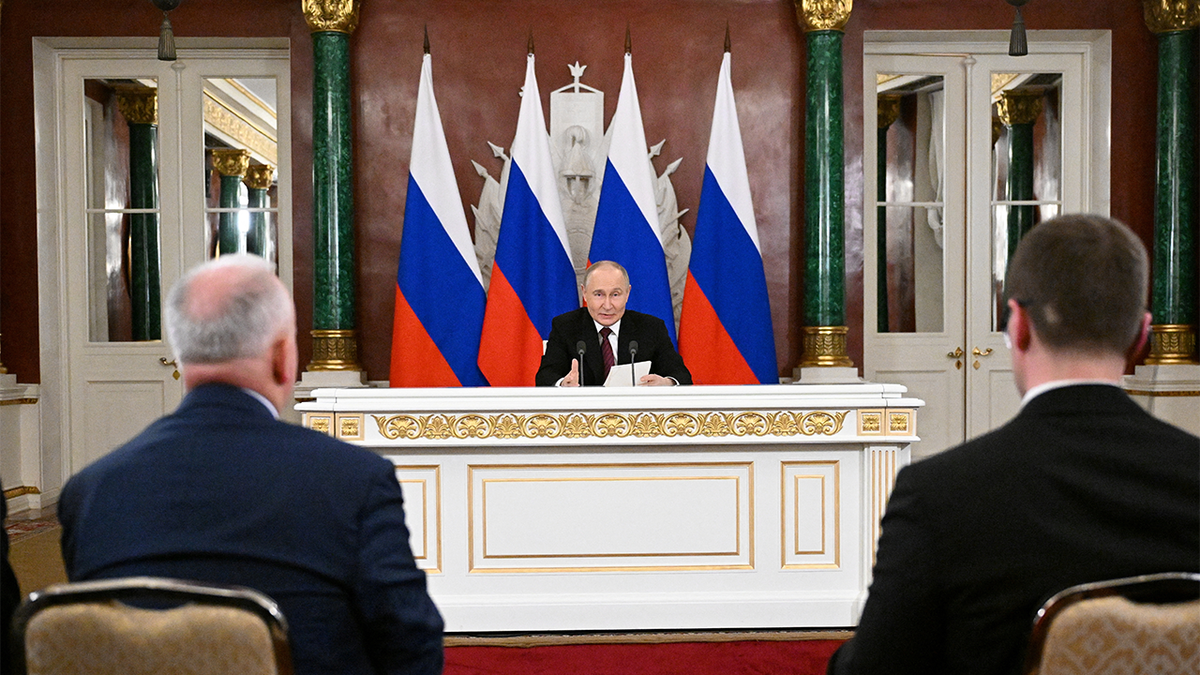 Russian President Vladimir Putin gives a statement to the media