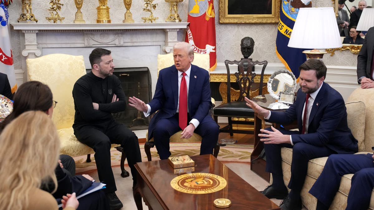 President Donald Trump, center, and Vice President JD Vance, right, meet with Ukrainian President Volodymyr Zelenskyy, left, in the Oval Office at the White House on Feb. 28, 2025, in Washington.
