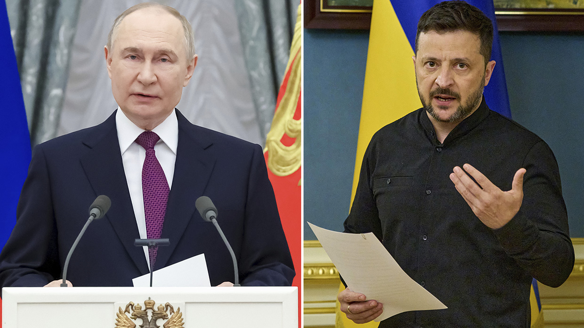 Russia's Putin sits at microphones and Ukraine's Zelenskyy holds a piece of paper while speaking