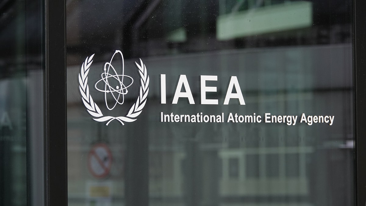 This photo taken on May 15, 2023, shows the logo of the International Atomic Energy Agency IAEA at the IAEA headquarters in Vienna, Austria.