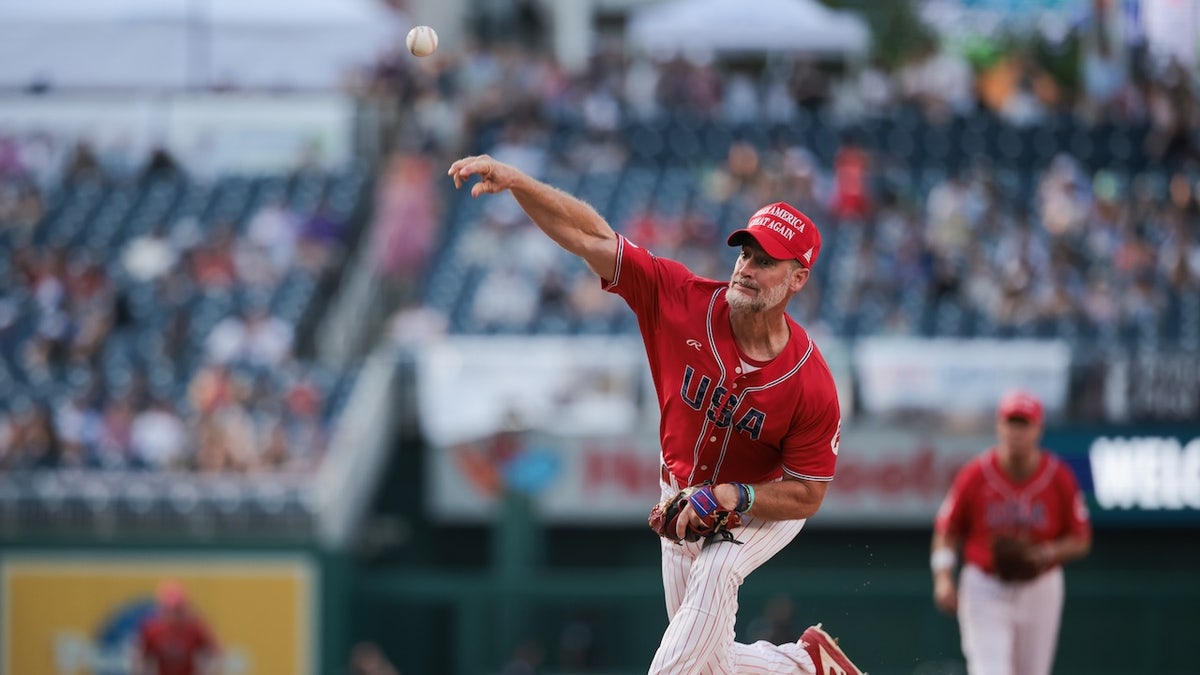 Rep. Greg Steube, R-Fla., pitches during the annual Congressional Baseball Game on June 11, 2025.