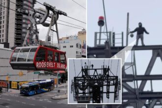 Mysterious hooded figure scales 250-foot-high Roosevelt Island Tram tower in nail-biting clip