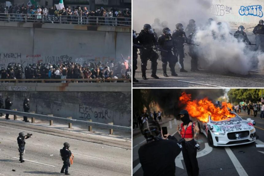 2,000 LA anti-ICE rioters takeover 101 Freeway downtown as self-driving cars lit on fire in chaotic scene