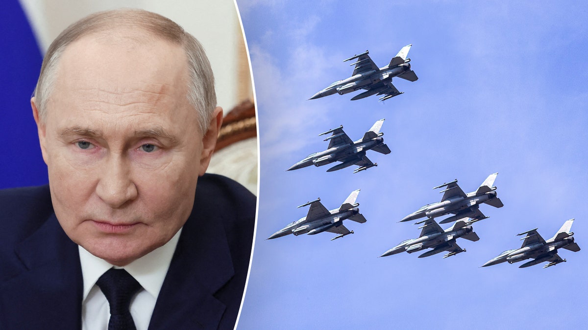 Putin wearing a black suit jacket and jets flying in the sky split image