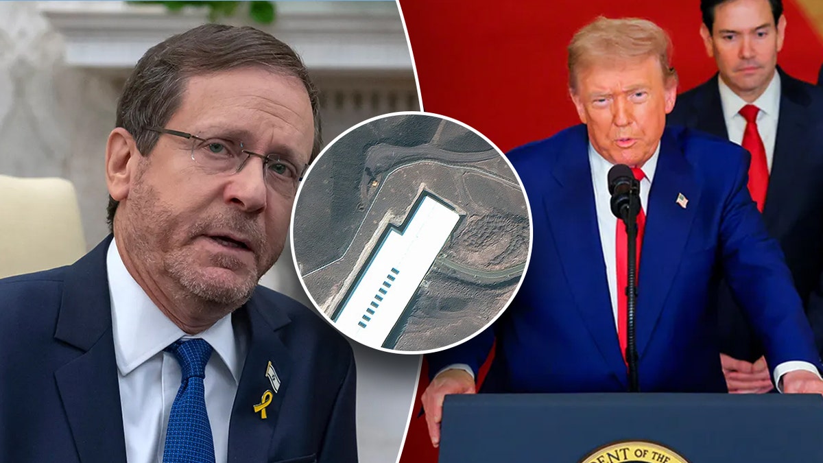 Isaac Herzog in the Oval Office, Donald Trump at a podium speaking, aerial view of Fordow split image