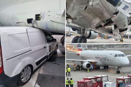 Minivan crashes into parked plane at Boston airport, pinning itself under jet