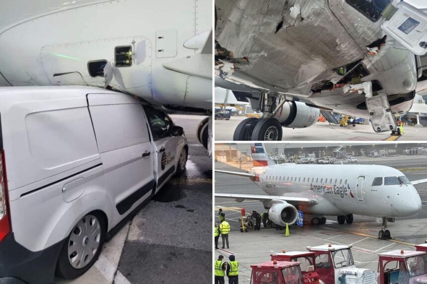 Minivan crashes into parked plane at Boston airport, pinning itself under jet