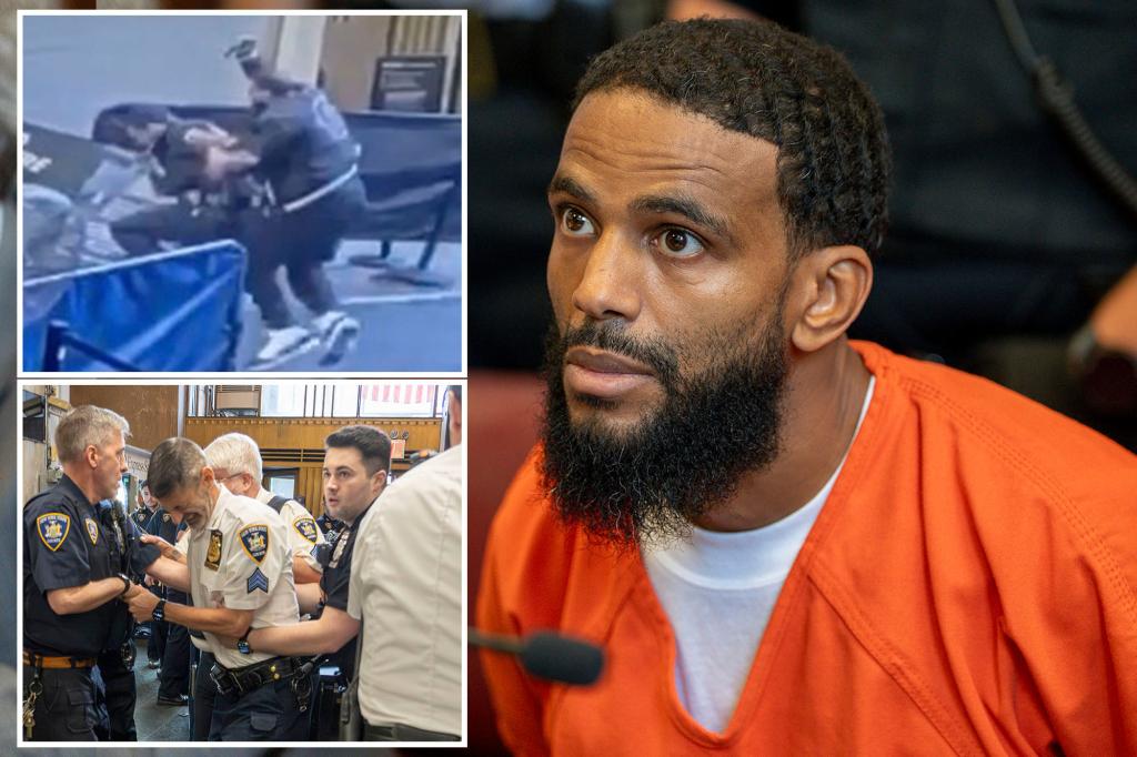 Knife-wielding maniac accused of stabbing officers in courthouse tantrum pleads not guilty as crew of cops look on