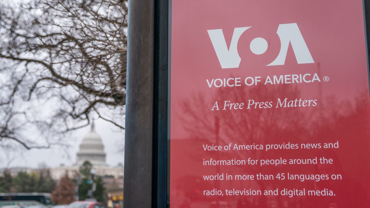 Sigange outside of the Voice of America headquarters in Washington, DC, US, on Saturday, March 15, 2025.