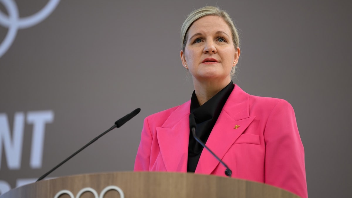 International Olympic Committee President Kirsty Coventry speaks during the International Olympic Committee presidential handover ceremony at Olympic House on June 23, 2025 in Lausanne, Switzerland.
