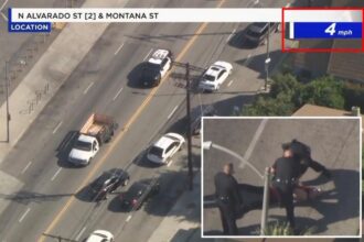 California driver arrested after slow-speed chase in rickety stolen truck with 3 popped tires: video