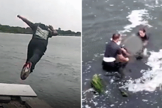 Female police officer leaps into water, fights career criminal before making arrest, video shows