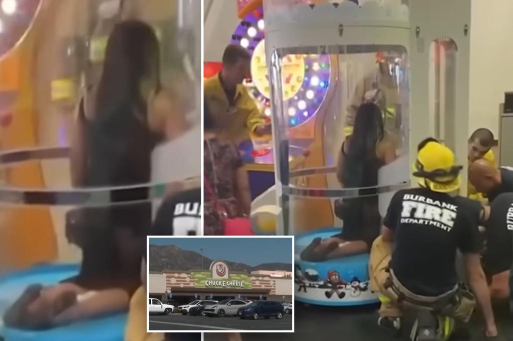 Bumbling adult trapped inside Chuck E. Cheese arcade game — California firefighters come to rescue