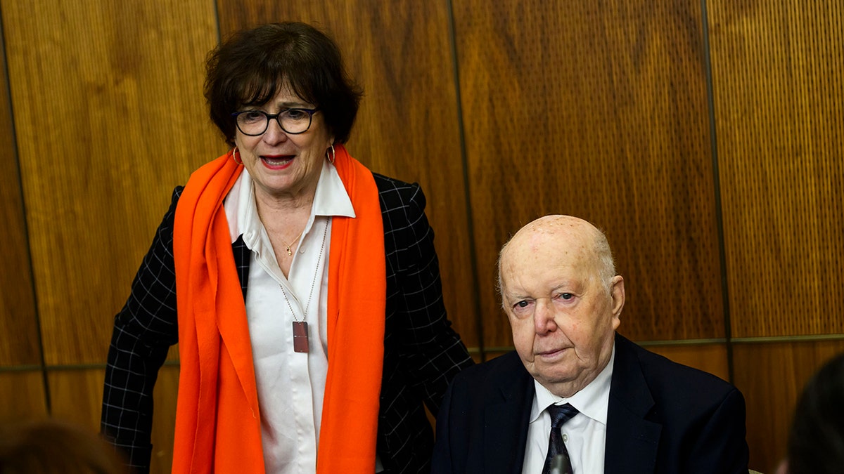 Deborah Lyons, left, the former Special Envoy on Preserving Holocaust Remembrance and Combatting Antisemitism, speaks with David Moscovic, a Holocaust and Auschwitz survivor, before an event commemorating the 80th anniversary of the Liberation of Auschwitz, in the Parliamentary Precinct in Ottawa, on Friday, Jan. 24, 2025.