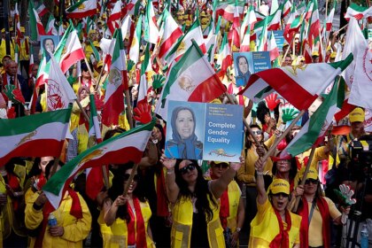 Iranian-Americans and dissidents rallied against ‘murderous regime agents’ as Iran’s president addressed UNGA