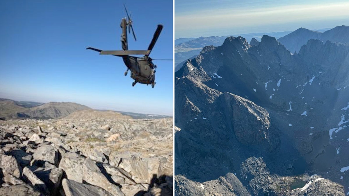 a helicopter searches above the rugged mountain terrain split with a photo of an aerial view of the mountains and valley