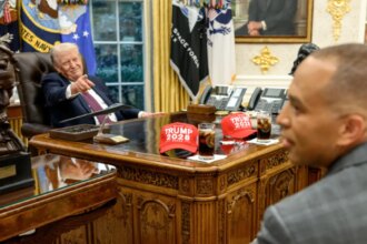 Trump taunts Democrat leaders with ‘Trump 2028’ hats in Oval Office as shutdown approaches