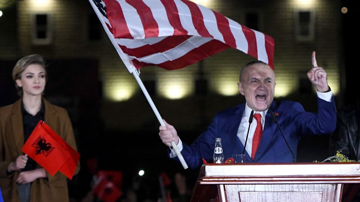 Former Albanian President Ilir Meta at a protest in Tirana.