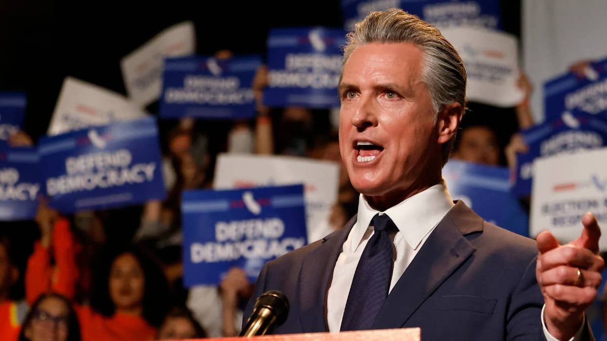 California Gov. Gavin Newsom speaks at a rally.